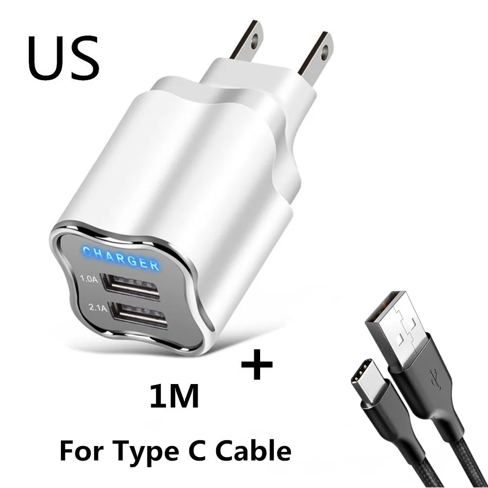 US Type C Cable EU/US Универсальный 2 порта USB зарядное устройство светодиодный светильник адаптер питания хорошая зарядка мобильного телефона USB кабель для iphnoe 6 7 8 samsung Xiaomi - Тип штекера: US Type C Cable