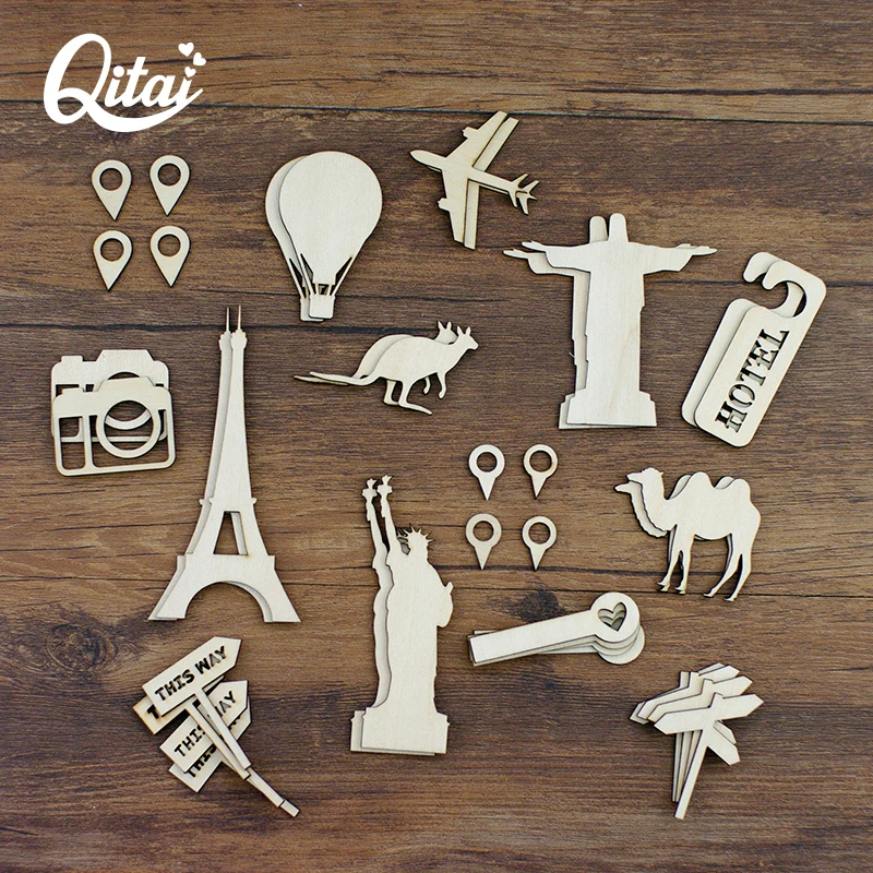 

QITAI Wooden DIY scrapbooking 38pcs/pack Kangaroo/Tower/Aircraft/Statue of Liberty/Camera Handmade Greeting Cards Gifts wf300