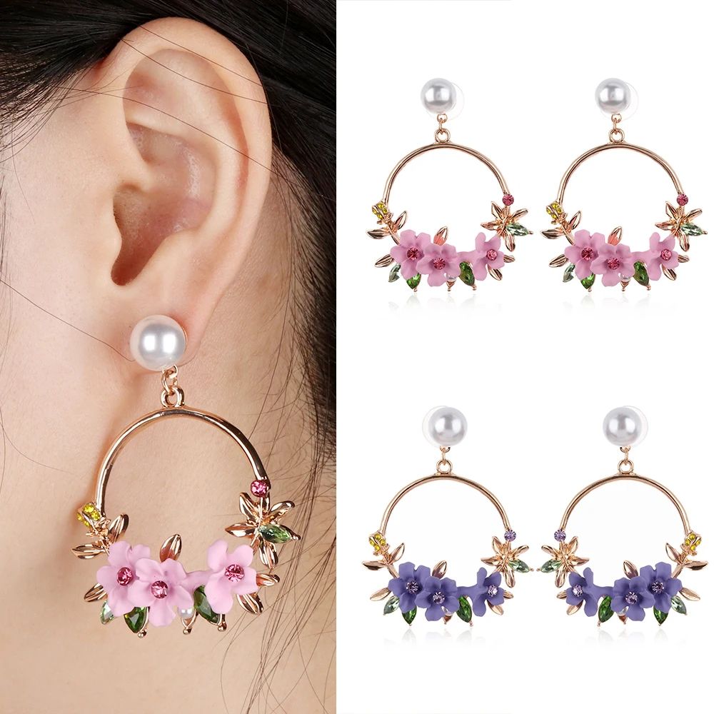 

Charm Pearl Elegant Korean Rhinestone Flower Big Round Circle Drop Earrings Wedding Party Jewelry Pendientes For Women Jewelry