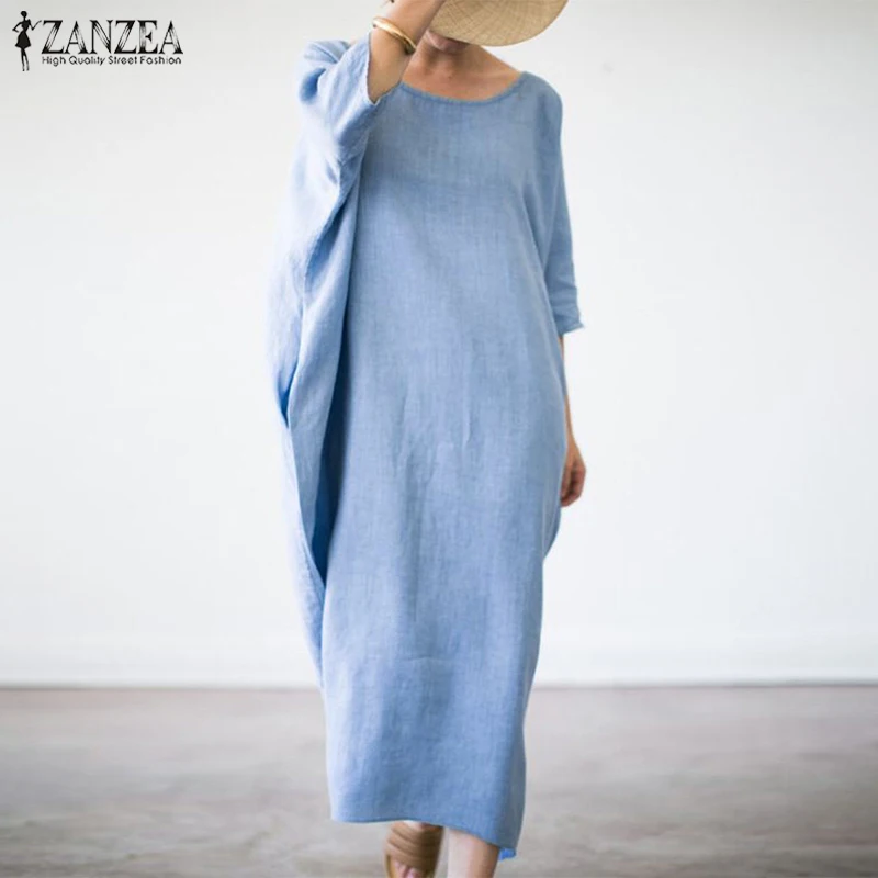 Летнее платье женское Винтажное с рукавами одноцветное Vestidos ZANZEA женское длинное пляжное платье макси повседневное длинное платье 5XL