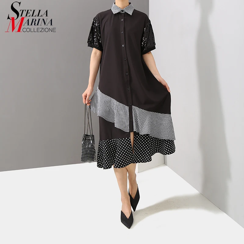

New 2019 Summer Women Black Midi Shirt Dress Sloping Ruffles Sleeve Sequined Female Party Club Dress Robe vestidos de festa 5001