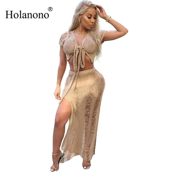 

Holanono Women V Neck Lace Up Crop Tops Ripped See Through High Slit Two-piece Beach Suit