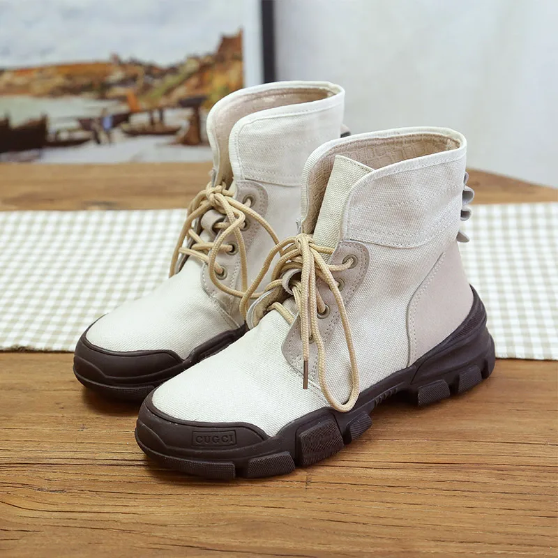 Tubo Estudiante rosado Solos Harajuku negro Planos caqui Viento Nuevo Beige Corea Lona Causales Corto Alta De Otoño Retro Zapatos Martin xvYg67qw4U