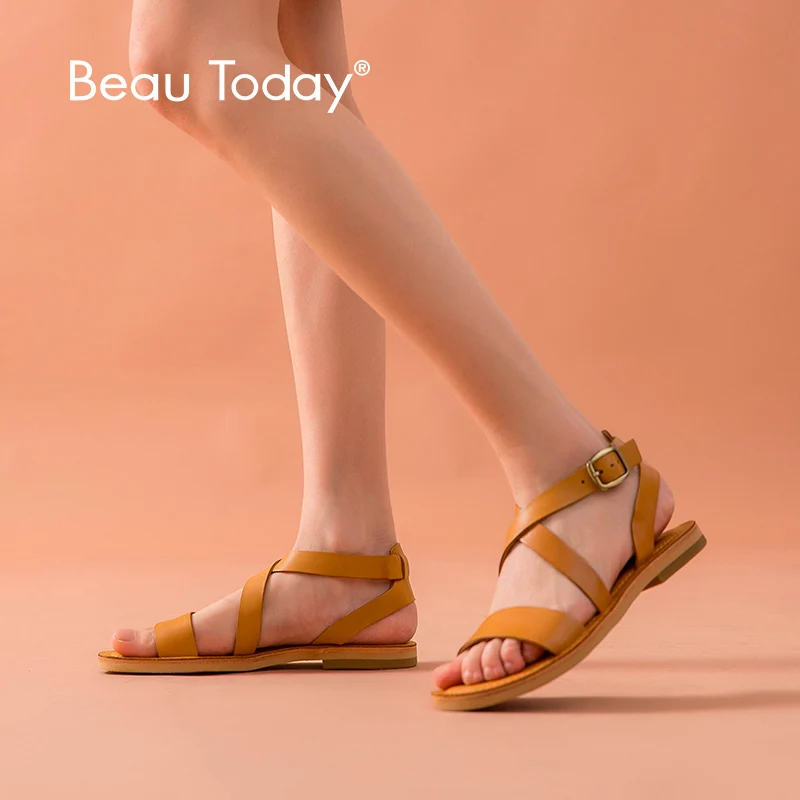 

BeauToday Gladiator Sandals Women Calfskin Leather Cross-Tied Top Quality Brownish Yellow Summer Ladies Beach Flat Shoes 3207026