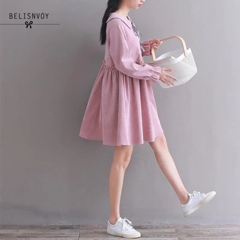 موري فتاة الربيع الخريف لطيف المرأة اللباس بيتر بان الياقة كودري الصلبة Vestidos الإناث الكشكشة فضفاض طويل الأكمام عارضة الحلو