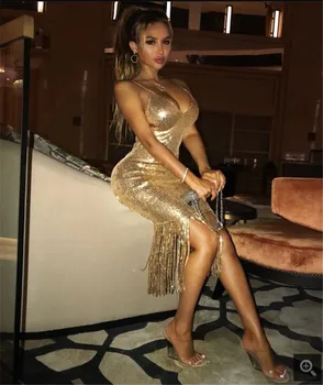 

2019 Dress Sexy Celebrity Backless Flare Sequined Women Tassel Deep V Neck Night Club Bandage Fashion Body con Dresses Wholesale