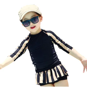 

GI FOREVER Girl Two Pieces Suit Children Striped Skirted Swimwear 2018 Cute Long Sleeve Swimsuit Bathing Suit Maillot De Bai