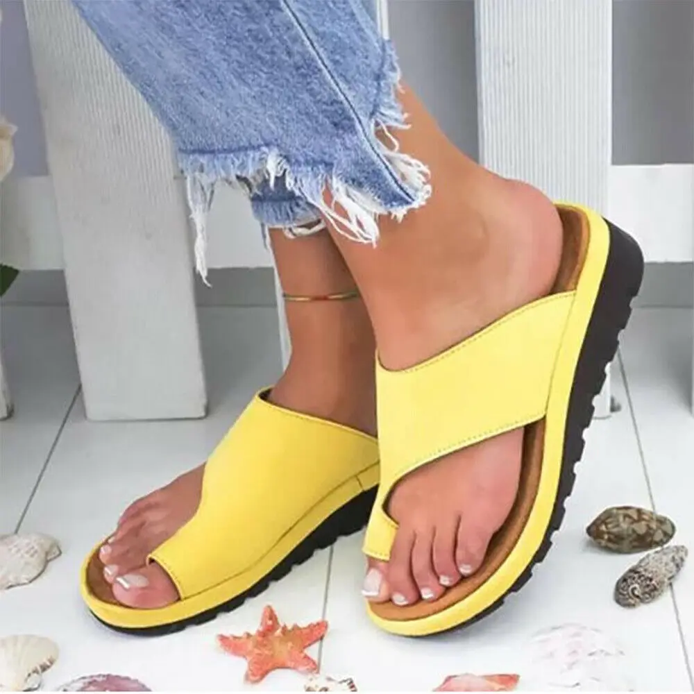 Women PU Leather Sandals Flip Flops Woman Shoes Platform Flat Sole Casual Orthopedic Bunion Corrector Ladies Foot Correction - Color: Yellow