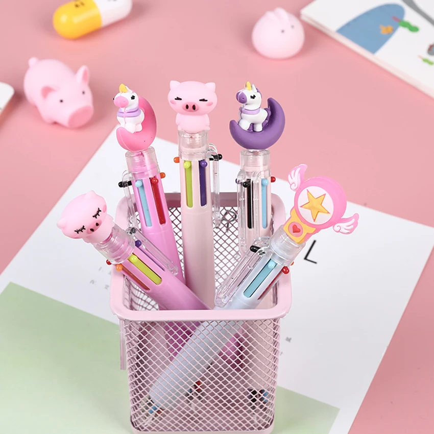 

1PC Cartoon Pig 6 In 1 Ballpoint Pen, 0.5mm Refill, Retractable Ballpoint Pens Girls Kids Gift School Office Supply