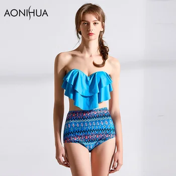 

AONIHUA Bikini Set Crop Top Ruffle Mix Color Printing Sexy Bikini Woman 2018
