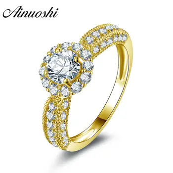 

AINUOSHI Trendy Flower Halo Ring 14K Solid White/Yellow Gold Sides Pave Setting Band Round Sona Diamond Wedding Engagement Ring