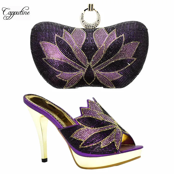 Wonderful party set matching thin high heel shoes and clutch handbag set with stones XY07 in purple, heel height 10cm