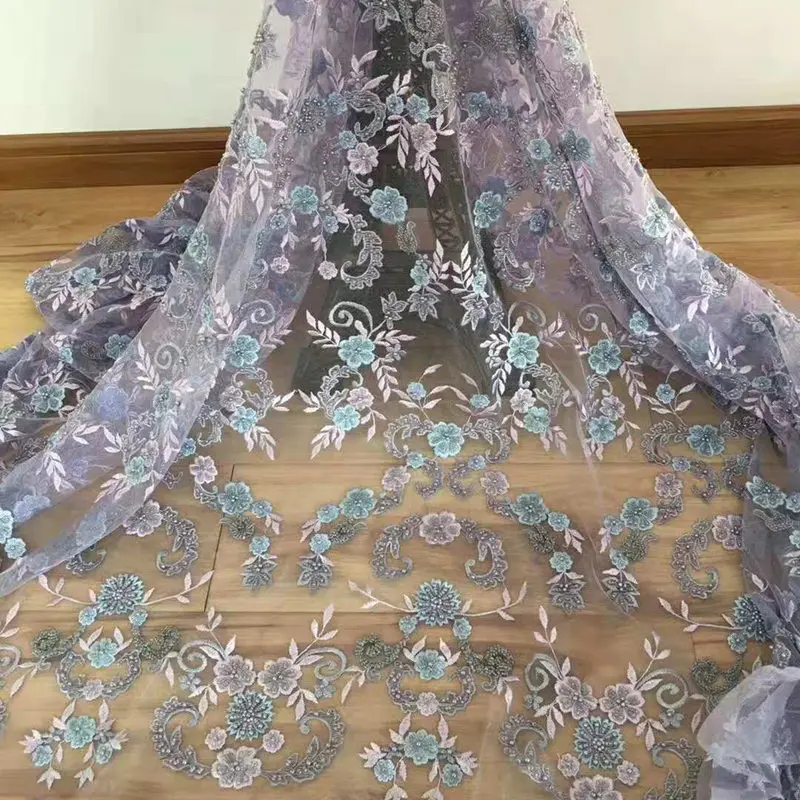 Pаспродажа Вышитые бисером тюль кружевной ткани Высокое качество сиреневый фиолетовый Африканский шнура Французский кружевной ткани 5 ярдов партия ...