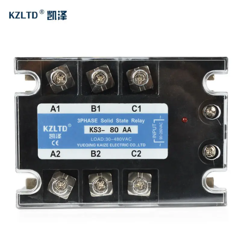 Relé de Estado Kzltd Ac-ac Fase Sólido 80a 90-280 v ac Controle 30-480 Ssr Relé Trifásico Relais 3