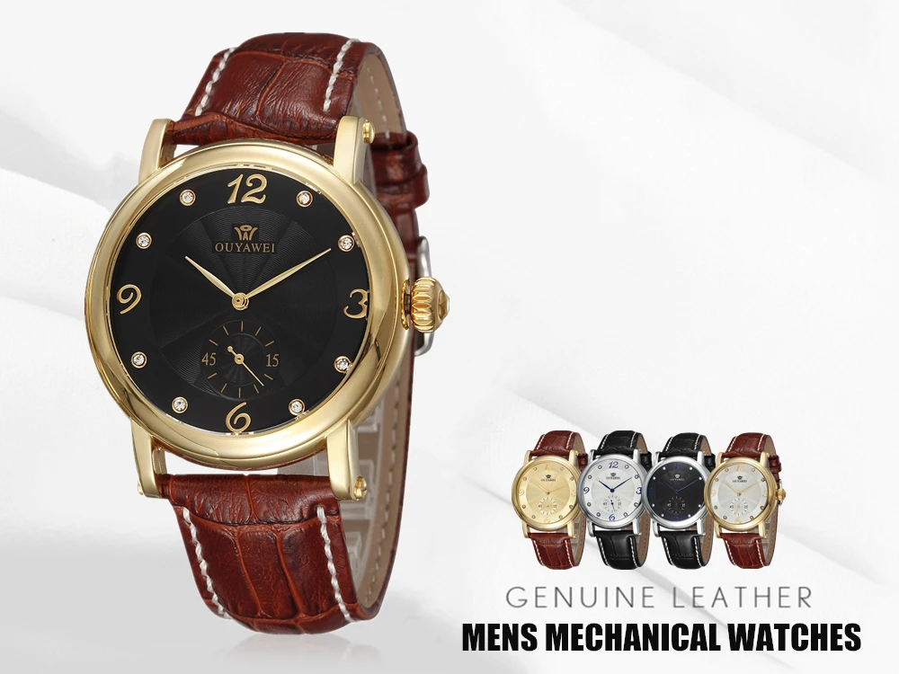 OUYAWEI модные автоматические механические мужские часы белый циферблат кожаный ремешок два зоны времени мужские наручные часы Relogio Masculino