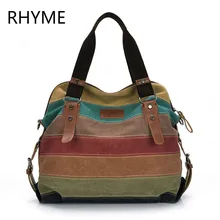 RHYME Stripe Patchwork Canvas Women Bag Vintage Messenger Female Shoulder Tote Casual Rainbow Large Handbag