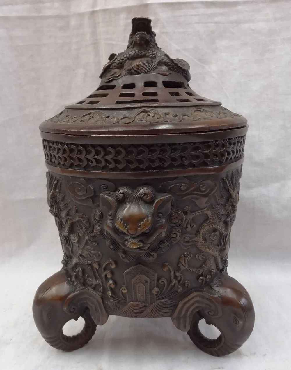 

k3211 10" Chinese Bronze Buddhism Dragon Lion Head Statue Elephant Tibet Box Censer