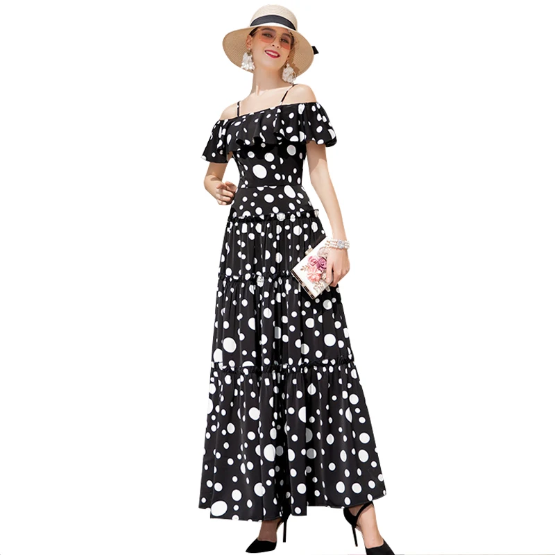 

Summer Chiffon Full Dots Long Dress Off Shoulder Party Elegant Dress Print Evening Clothing Ankle-Length DZ2127