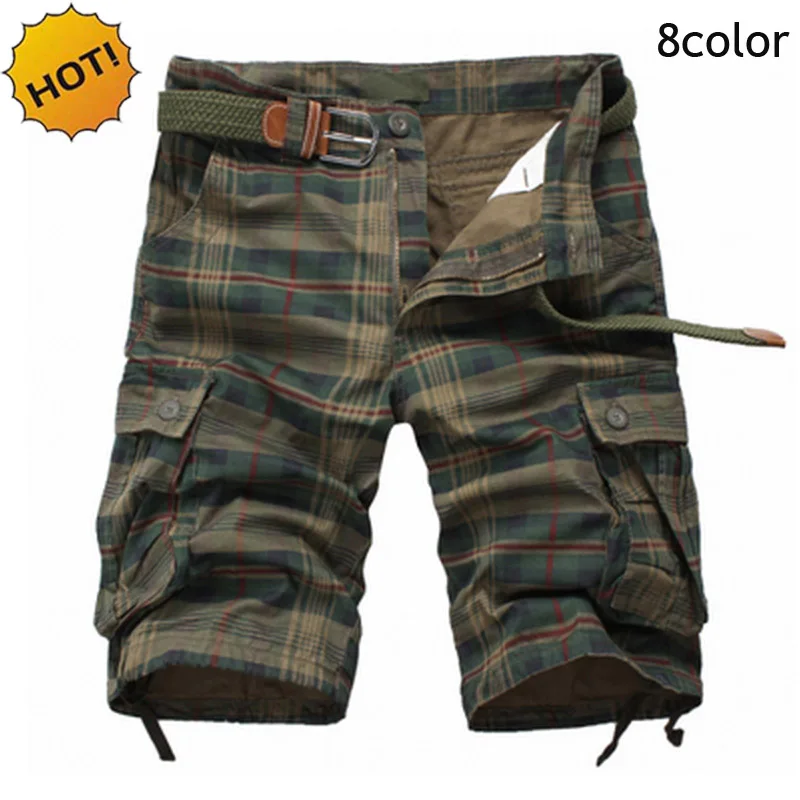 

HOT 2019 Summer Style Mens Straight Grid 100% Cotton Workout Overalls Cargo Short pants Men Army Jungle Baggy Multi Pocket Short