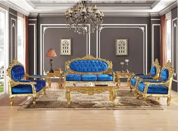 

Royal Blue Velvet Antique Gold Gliding Carved Sofa Set Living Room Sectional Baroque Sofa