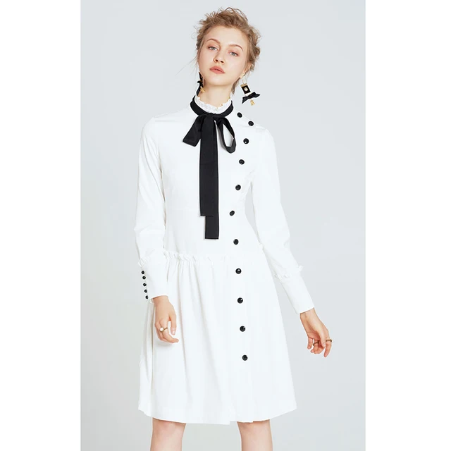 Winter Black Ons Women White Dress Self Tie Belt Stand Collar Winter Black Ons Women White Dress Self Tie Belt Stand Collar Peplum Ruffle Long Sleeve