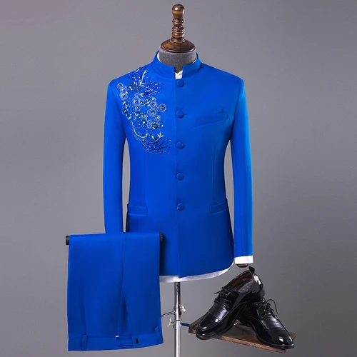 Мужская одежда формальный костюм китайский стиль вышивка китайский туника костюм стоячий воротник набор Вышитый свадебный комплект топ+ брюки - Цвет: C