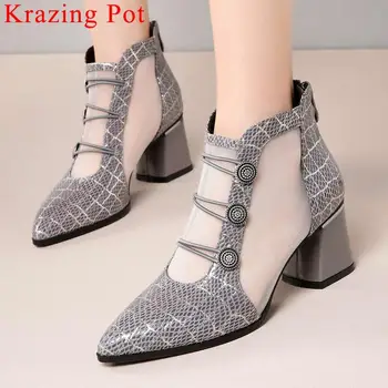 

Krazing Pot breathable large size European style mesh zipper pointed toe high heels ankle boots sheep leather summer boots L0f1