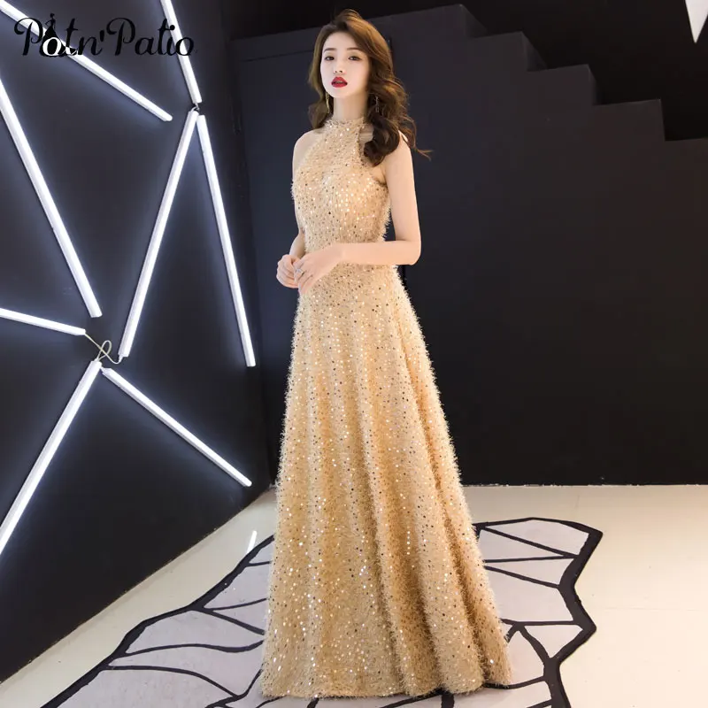 

Sexy Halter Sleeveless Gold Prom Dresses Long 2019 New A-line Floor-Length Sequin Long Dresses Evening Plus Size