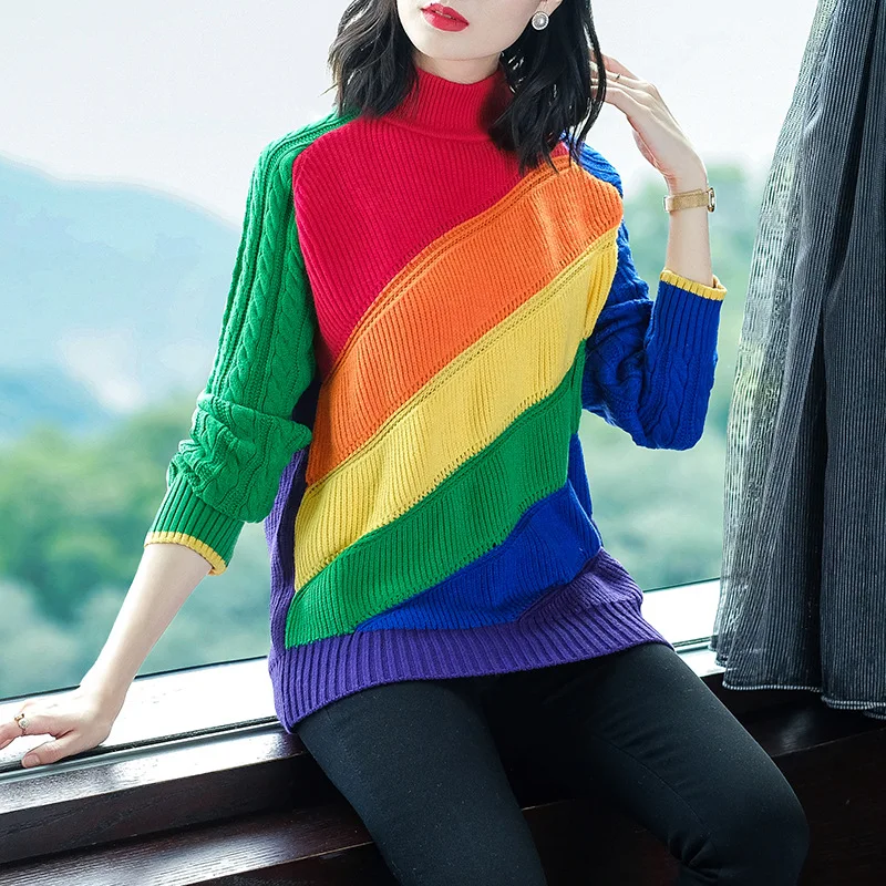 Rainbow striped half turtleneck elastic knit pullovers sweater 2018 new long sleeve women autumn winter thick loose sweater Rainbow striped half turtleneck elastic knit pullovers sweater 2018 new long sleeve women autumn winter thick loose sweater