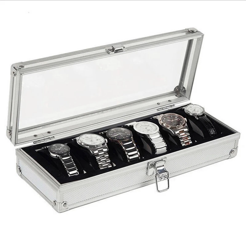 

6 Grid Slots Aluminium Luxury Brand Watch Display Box Watches Case Jewelry Decoration Storage Holder Organizer Free Shipping