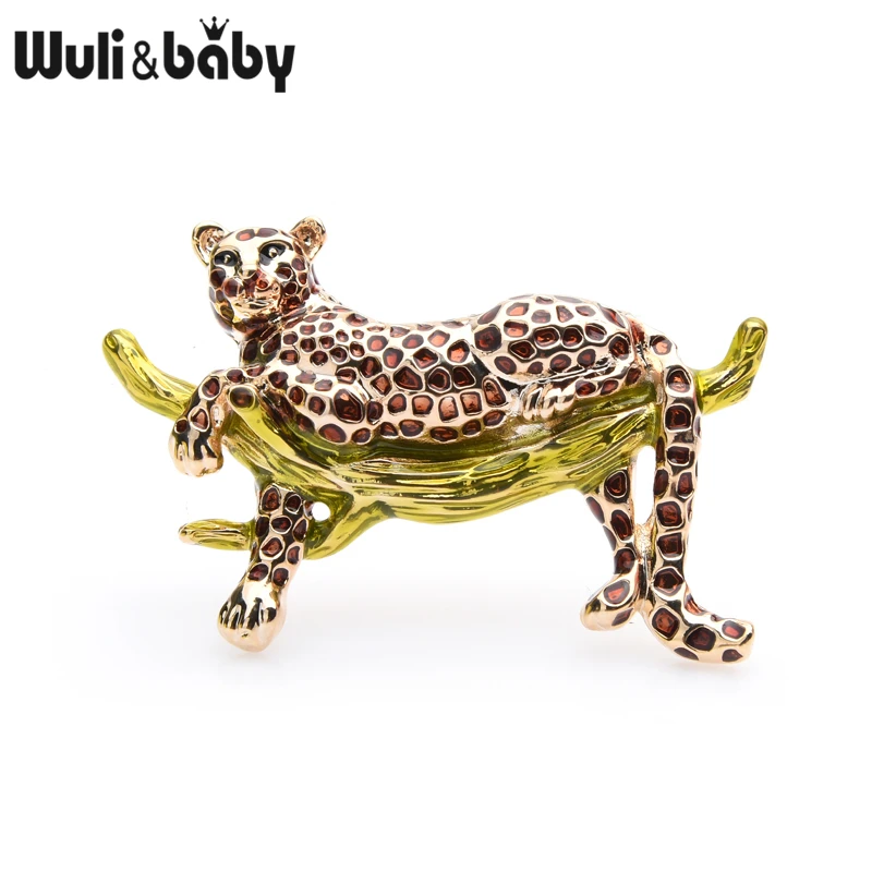 

Wuli&baby Brown Leopard Brooches Women Men Alloy Leopard On the Wooden Enamel Animal Brooch Pins Gifts