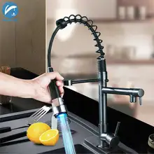 Черный бронзовый светодиодный смеситель для кухни пружинный Выдвижной двойной распыляющий носик кухонный смеситель кран на бортике кухонный смеситель с одной ручкой
