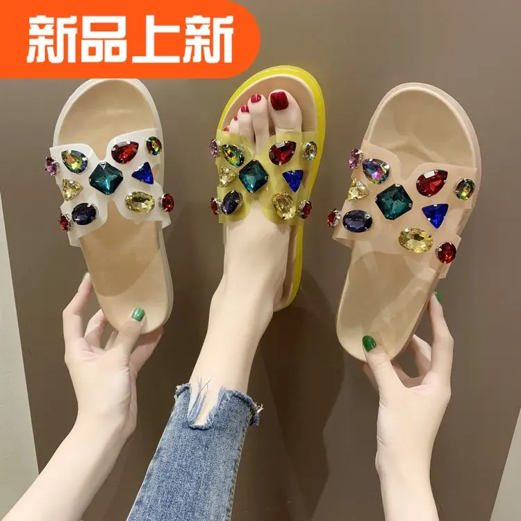 

2019 summer thick-soled slippers female rhinestones diamonds word female trawl infrared wear soft bottom female H jelly shoes