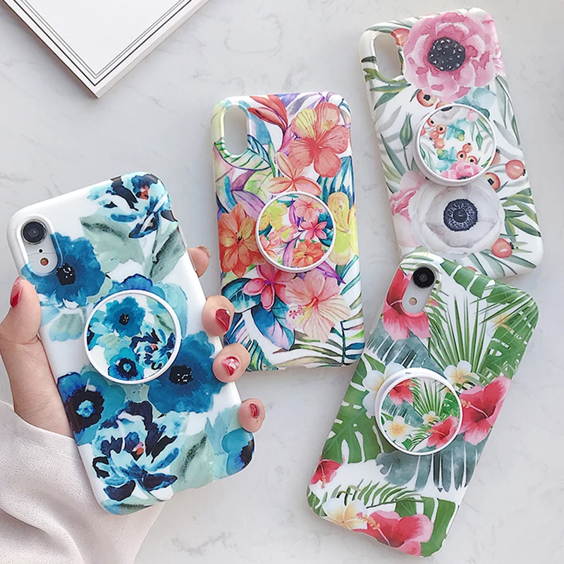 

Colorful flower Holder Stand Phone Case For Iphone XR XS Max 8 7 Plus X 6 S Plus Case Silicone Soft Phone Back Cover Coque