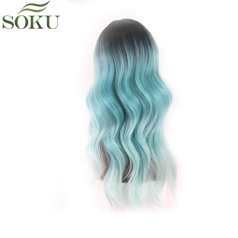 Ombre зеленый синтетический парик на кружеве SOKU 20 дюймов боковая часть объемная волна длинные волосы парики термостойкие черные женские парики на шнурке