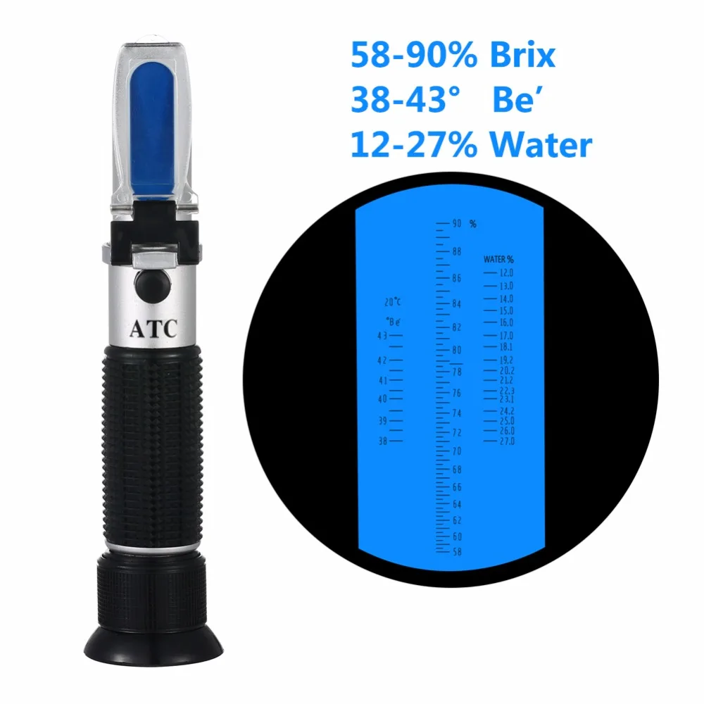 Tri-scale Honey Refractometer 58~90% Brix 38~43 Be' Baume 12~27% Water  Moisture