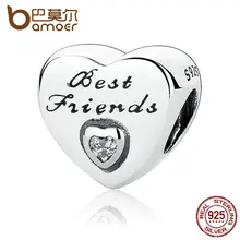 BAMOER Mejor Amigo Amistad Plata de Ley 925 Del Corazón, Clear CZ Granos de Los Encantos cupieron Las Pulseras DIY Joyería Amistad PAS324