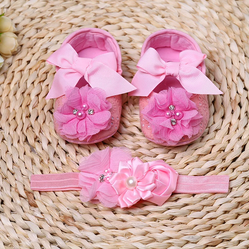 Christening baptism newborn baby girl shoes headband set,toddler infant