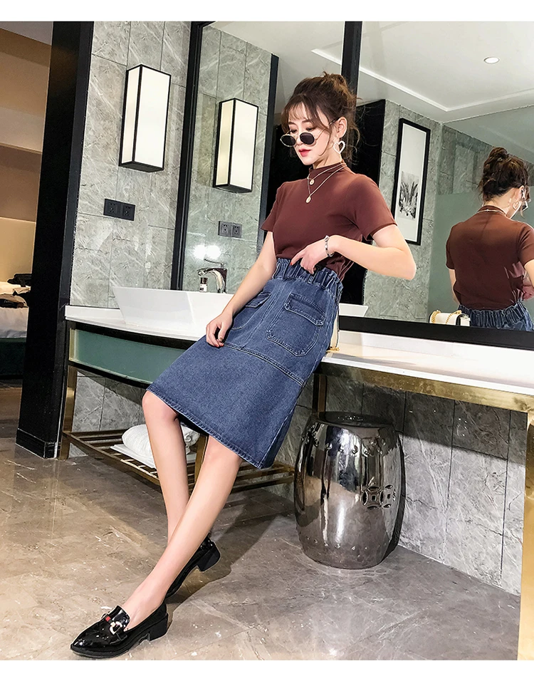 Женская юбка с высокой талией джинсы растягивающиеся Юбки До Колена Одноцветный мешок Patchworks Женская Корейская юбка