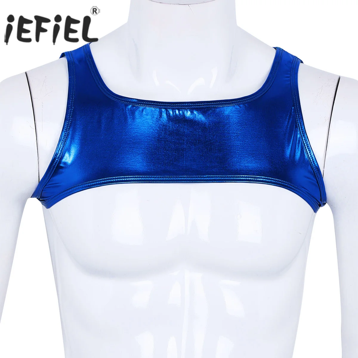 IEFiEL мужские панк Вечеринка Клубная одежда блестящие металлические обхватывающие грудь ремни мышцы для танцевального костюма половина майка