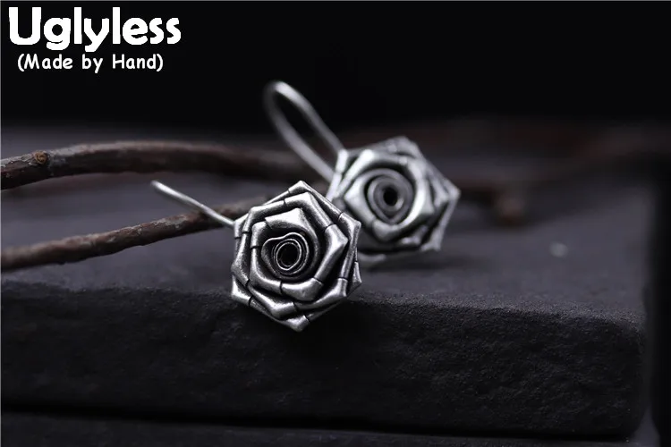 

Uglyless Real S 925 Vulcanized Thai Silver Handmade Folded Rose Earrings Bohemia Women Vintage Ethnic Floral Brincos Fine Bijoux