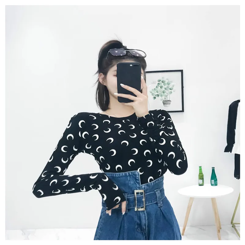 2018 Autumn New T-Shirts Women Moon Printed Long-Sleeved Women'S T Shirt Round Neck Slim Shirt Tops Tee 2018 Autumn New T-Shirts Women Moon Printed Long-Sleeved Women'S T Shirt Round Neck Slim Shirt Tops Tee