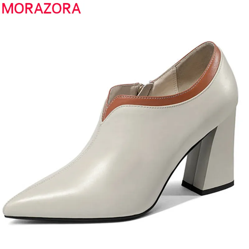 

MORAZORA 2020 top quality genuine leather shoes pointed toe women pumps simple zipper fashion square high heels shoes woman