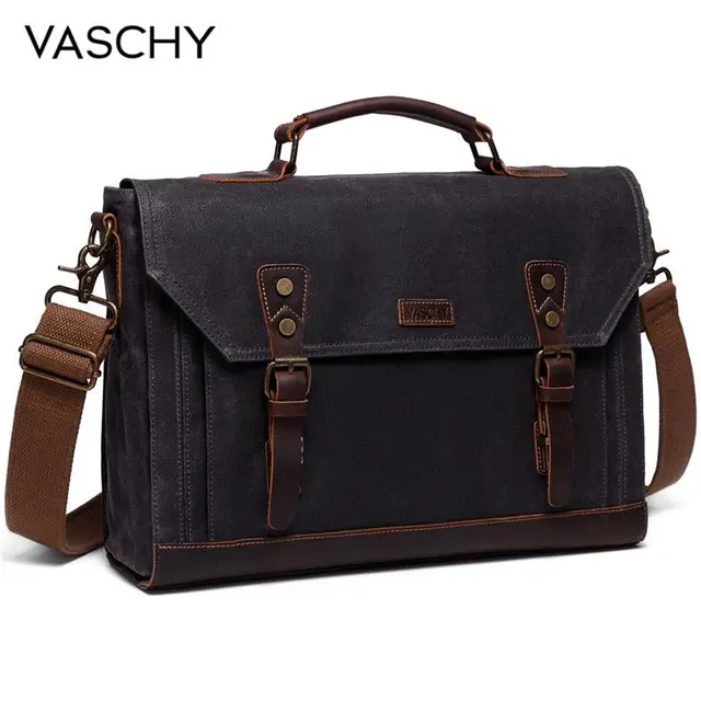 VASCHY Canvas Messenger Bag for Men Vintage Leather Bag Men Waxed