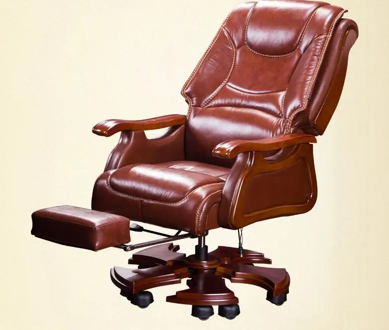 European leather boss chair family office chair solid wood cowhide big class chair massage can lie in computer chair.