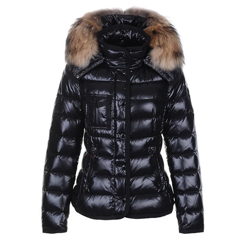 Fashion Hot Sale 80% White Duck Down Womens Jackets with Raccoon Fur Collar Winter Thinker Maternity Clothes with Hooded Black