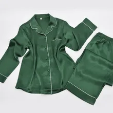 Новые шелковые пижамы, женские брюки с длинными рукавами, шелковые рубашки, лацкан шелк, Зеленая Шелковая одежда, 3