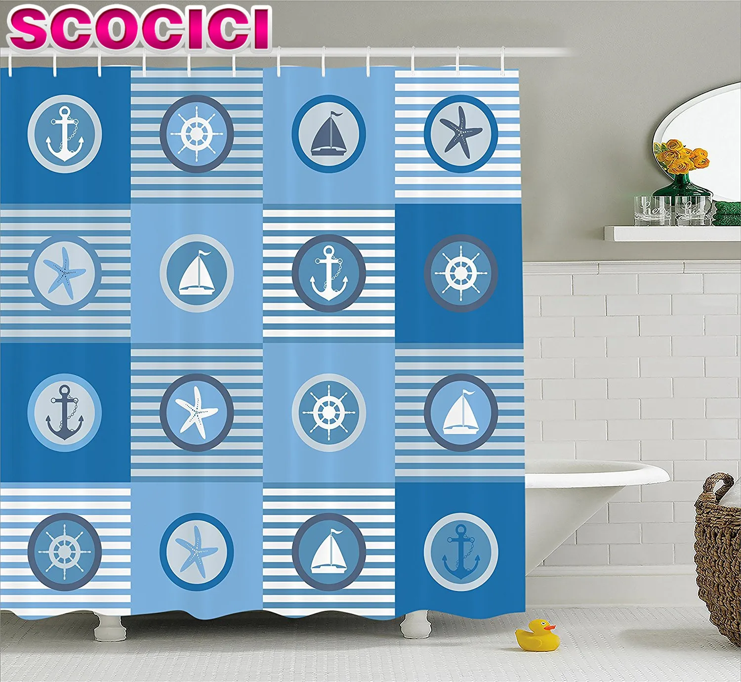 Nautical dekor duschvorhang patchwork themen verschiedene meer icons in gestreiften einstellung navigation yachting bild stoff bad