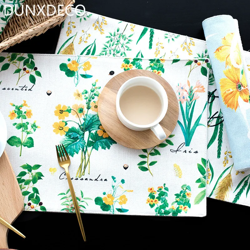 

DUNXDECO Table PlacematPlate Cover Mat Linen Cotton Party Tablecloth Country Style Garden Orchid Flora Plant Print Home Deco 2PC