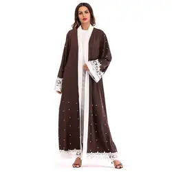 Мода осень бисера свободные макси длинный рукав кардиган кружево халат для женщин мусульманские платья